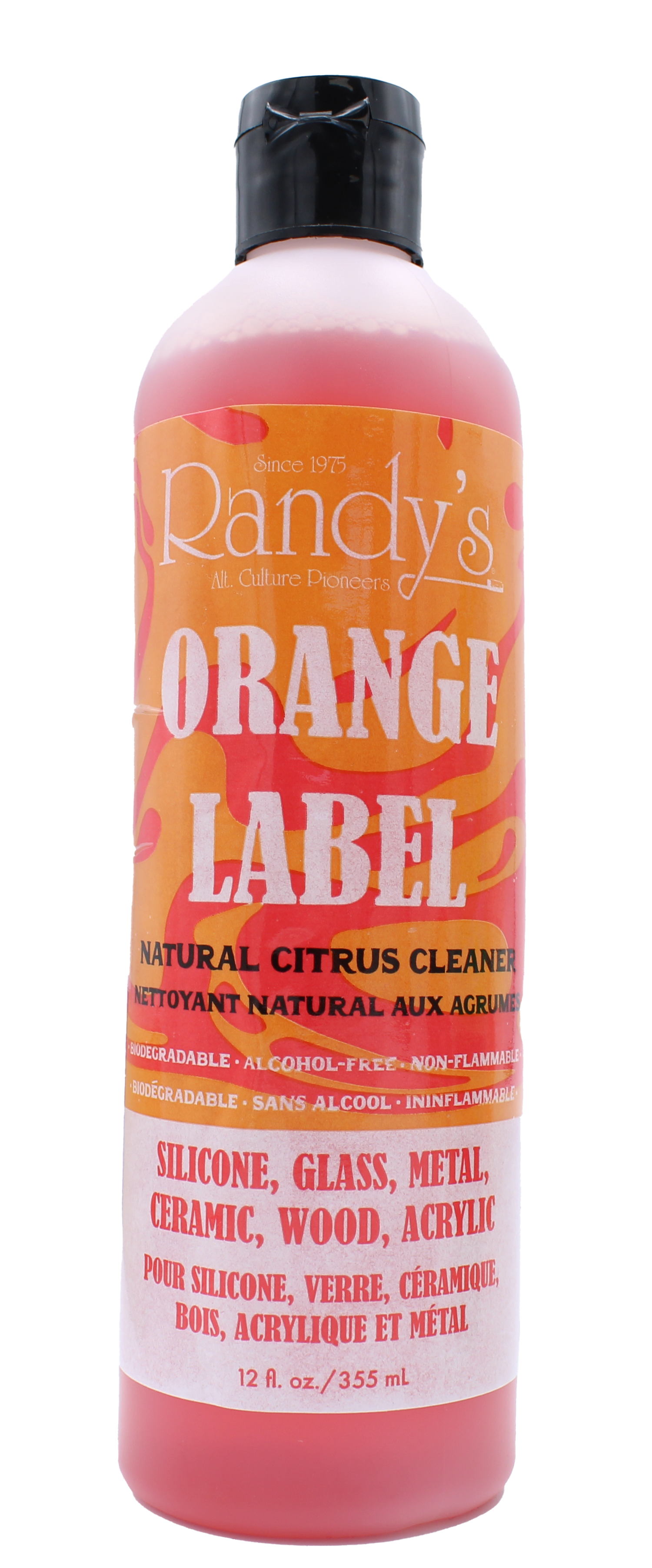 front view of the randy's orange label cleaner. made for silicone, glass, metal, ceramic, wood, and acrylic surfaces for a clean shiny finish for peak smoking experience.