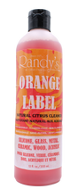 front view of the randy's orange label cleaner. made for silicone, glass, metal, ceramic, wood, and acrylic surfaces for a clean shiny finish for peak smoking experience.