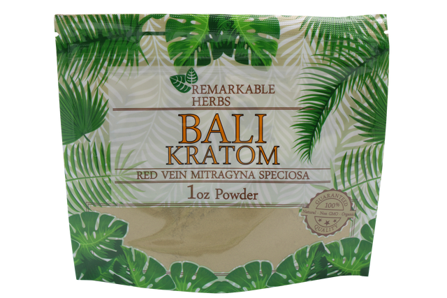 front view of the Remarkable Herbs Bali Kratom powder A Red vein kratom for relaxation and focus.