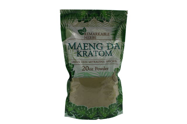 front view of the Remarkable Herbs Maeng Da Kratom powder A green vein kratom for balanced relaxation and focus.
