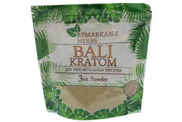 front view of the Remarkable Herbs Bali Kratom powder A red vein kratom for heightened relaxation.