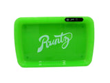 front view of green Runtz LED glow rolling tray for blunt rolling with glowing lights.. 