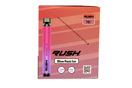 front view of the Rush tobacco free nicotine blue razz ice disposable vaporizers. Ergonomic disposable vaporizers that are long lasting.