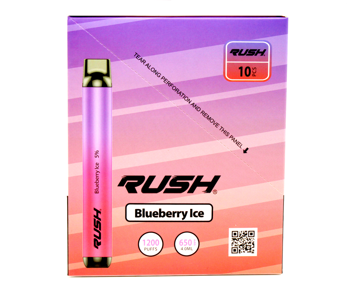 front view of the Rush tobacco free nicotine blueberry ice disposable vaporizers. Ergonomic disposable vaporizers that are long lasting.