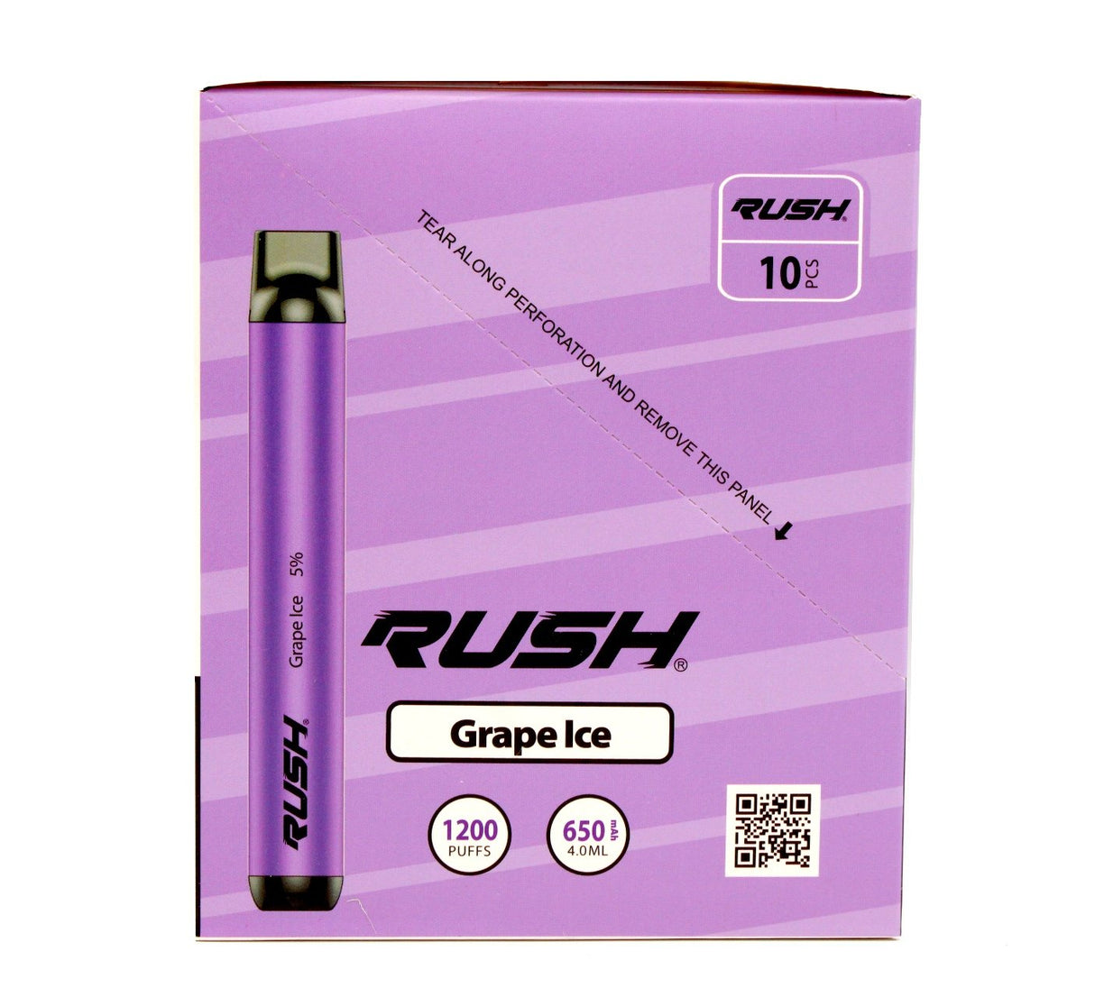 front view of the Rush tobacco free nicotine grape ice disposable vaporizers. Ergonomic disposable vaporizers that are long lasting.