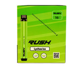 front view of the Rush tobacco free nicotine lychee ice disposable vaporizers. Ergonomic disposable vaporizers that are long lasting.