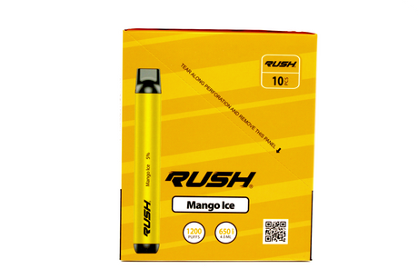 front view of the Rush tobacco free nicotine mango ice disposable vaporizers. Ergonomic disposable vaporizers that are long lasting.