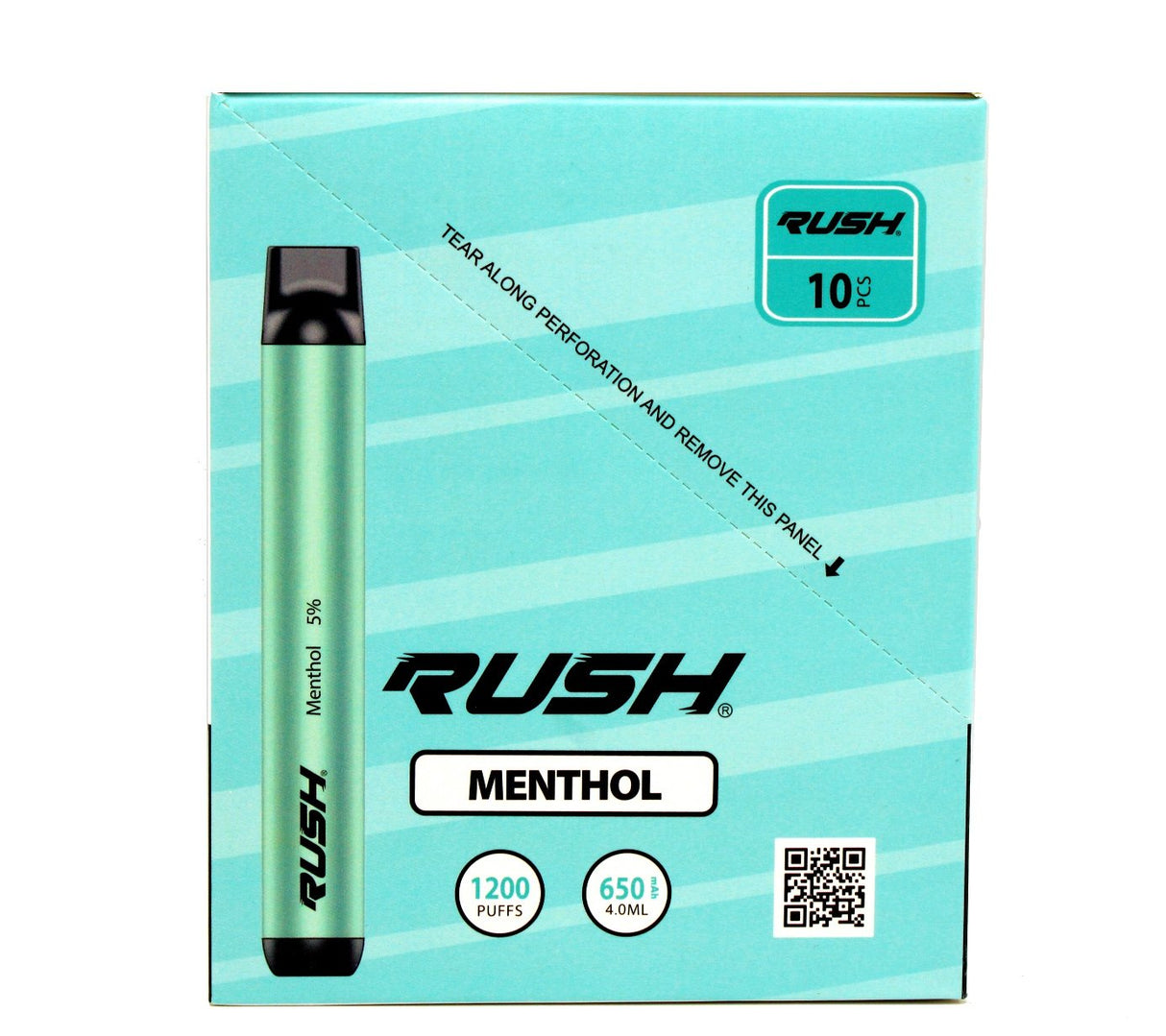 front view of the Rush tobacco free nicotine menthol disposable vaporizers. Ergonomic disposable vaporizers that are long lasting.