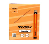 front view of the Rush tobacco free nicotine peach ice disposable vaporizers. Ergonomic disposable vaporizers that are long lasting.