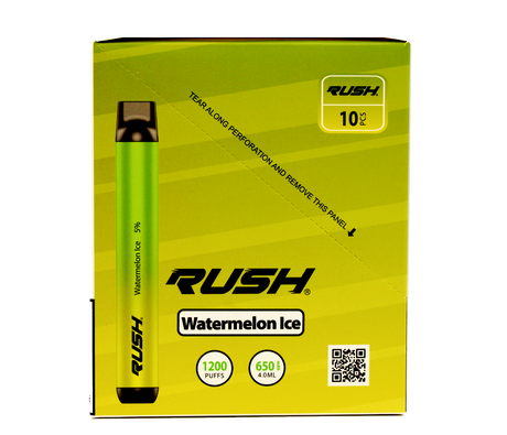 front view of the Rush tobacco free nicotine watermelon ice disposable vaporizers. Ergonomic disposable vaporizers that are long lasting.
