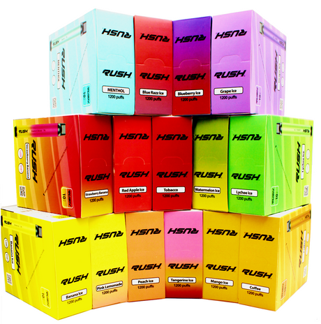 front view of the Rush tobacco free nicotine disposable vaporizers boxes. Ergonomic disposable vaporizers that are long lasting.