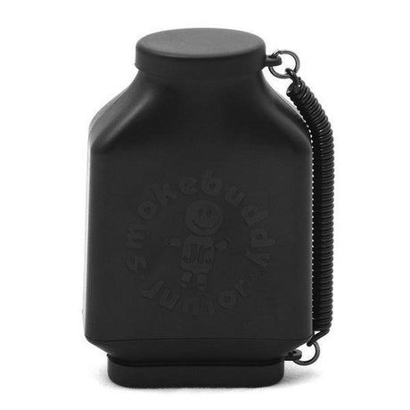 front view of the smoke buddy Jr in black. Coming with specialized travel caps and is durable the smoke buddy junior is perfect for traveling.