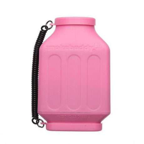 multi view of the smoke buddy Jr in pink. A odor eliminating product that is portable with travel caps for smell free moving and smoking.