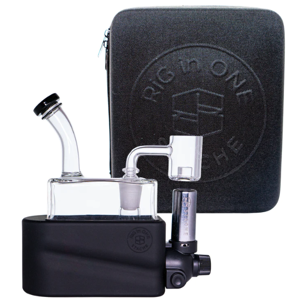 side profile view of the portable Stache Products RiO and carrying case in black. made for dabbing connoisseurs who want the portability and performance of a desktop glass rig.