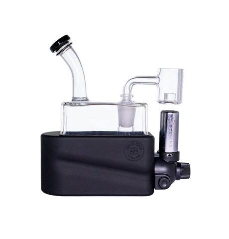 side profile view of the portable Stache Products RiO in black. made for dabbing connoisseurs who want the portability and performance of a desktop glass rig.