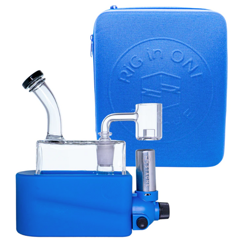 side profile view of the portable Stache Products RiO and carrying case in blue. made for a clean and flavorful dabbing experience every time.