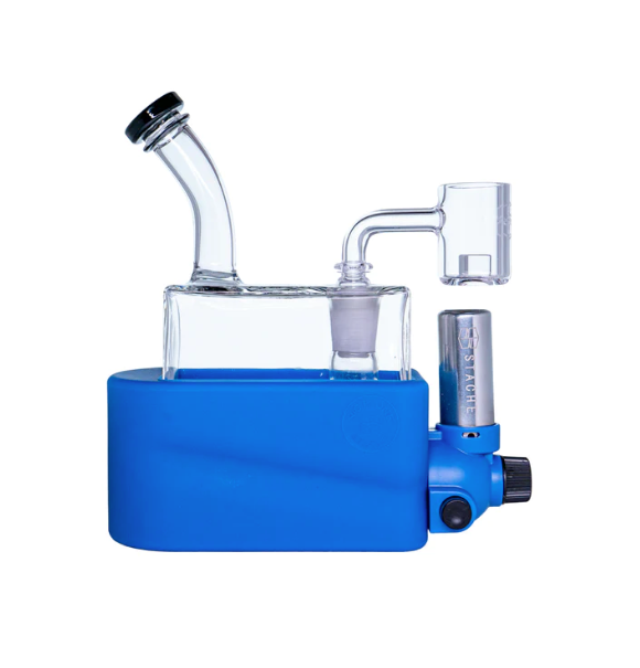side profile view of the portable Stache Products RiO in blue. made for dabbing connoisseurs who want the portability and performance of a desktop glass rig.