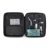 side profile view of the portable Stache Products RiO and carrying case in marble blue orange. made for a portable and consistent dabbing experience every time.