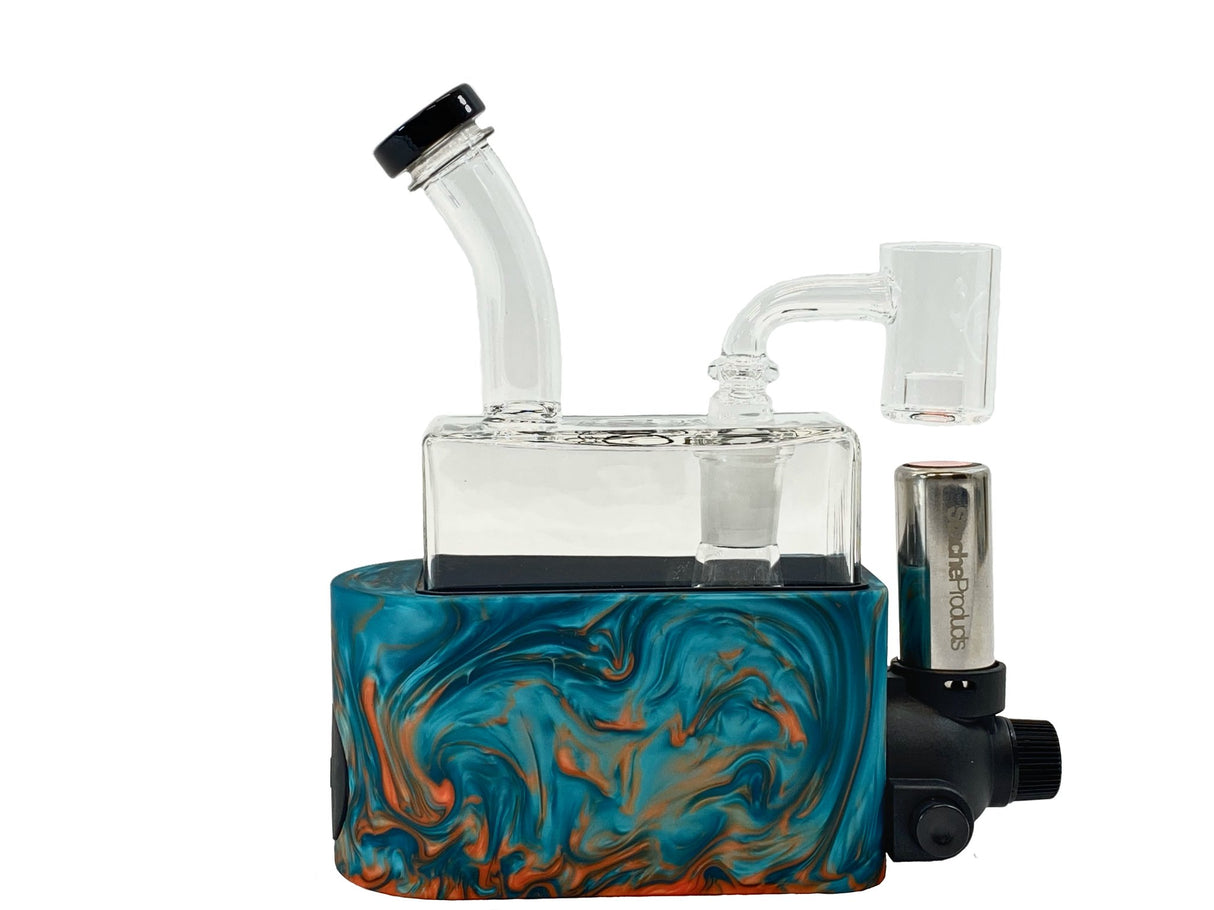 side profile view of the portable Stache Products RiO in marble blue orange. made for dabbing connoisseurs who need the perfect temperature every time.