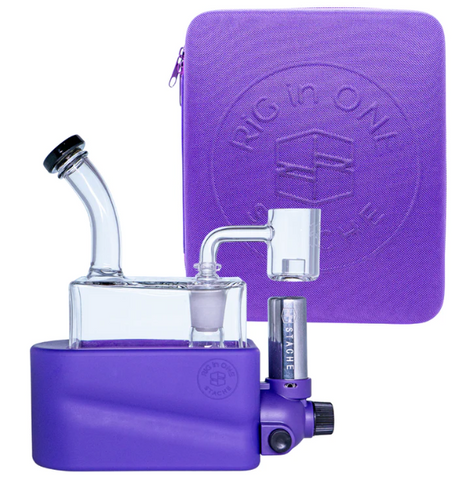 side profile view of the portable Stache Products RiO and carrying case in purple. made for dabbing connoisseurs who want the portability and performance of a desktop glass rig.