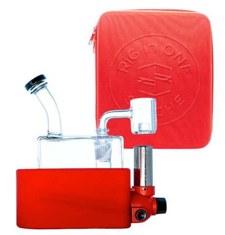 side profile view of the portable Stache Products RiO and carrying case in red. made for a clean and flavorful dabbing experience every time.