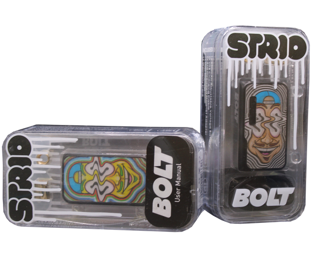 front view of the strio bolt 2 sided battery mod, a reliable vaporizer with two panels around a long lasting battery for constant daily use.