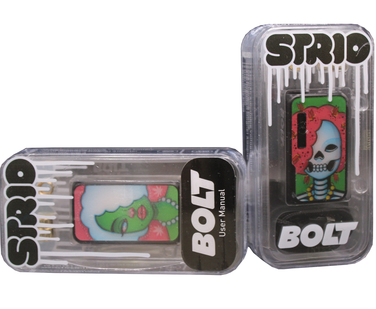 front view of the strio bolt 2 sided battery mod, a reliable vaporizer with two panels around a long lasting battery for constant daily use.