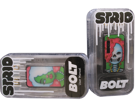 front view of the strio bolt 2 sided battery mod, a reliable vaporizer with two panels around a long lasting battery for constant daily use.