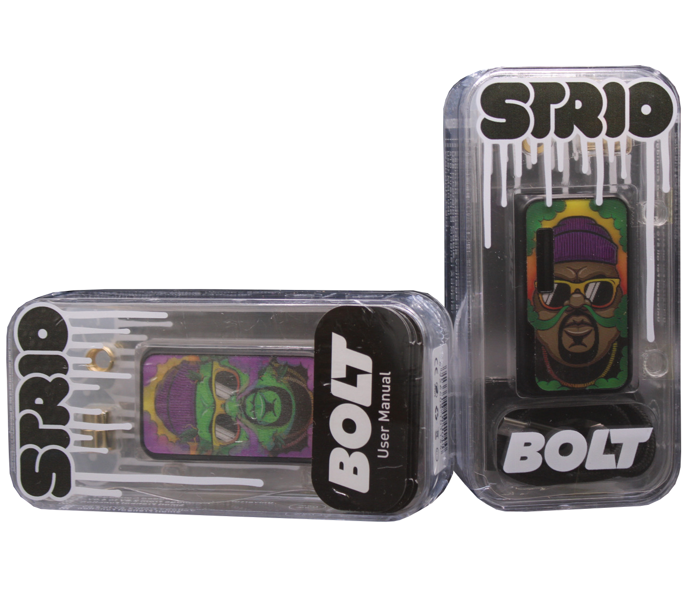 front view of the strio bolt 2 sided battery mod, a reliable vaporizer with two panels around a long lasting battery for constant daily use.