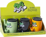 front view of the stuff it puff it display box. A multi use mug with pipe and stash jar for storage.