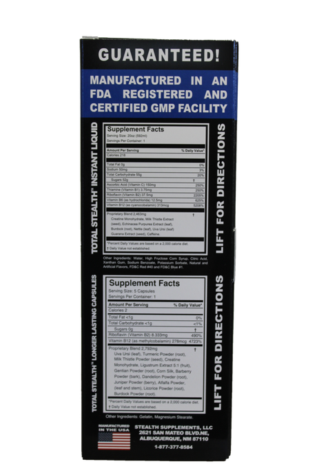 rear view of the total stealth 20oz detox kit. A full detox solution with a strong formula along with capsules for continued results.