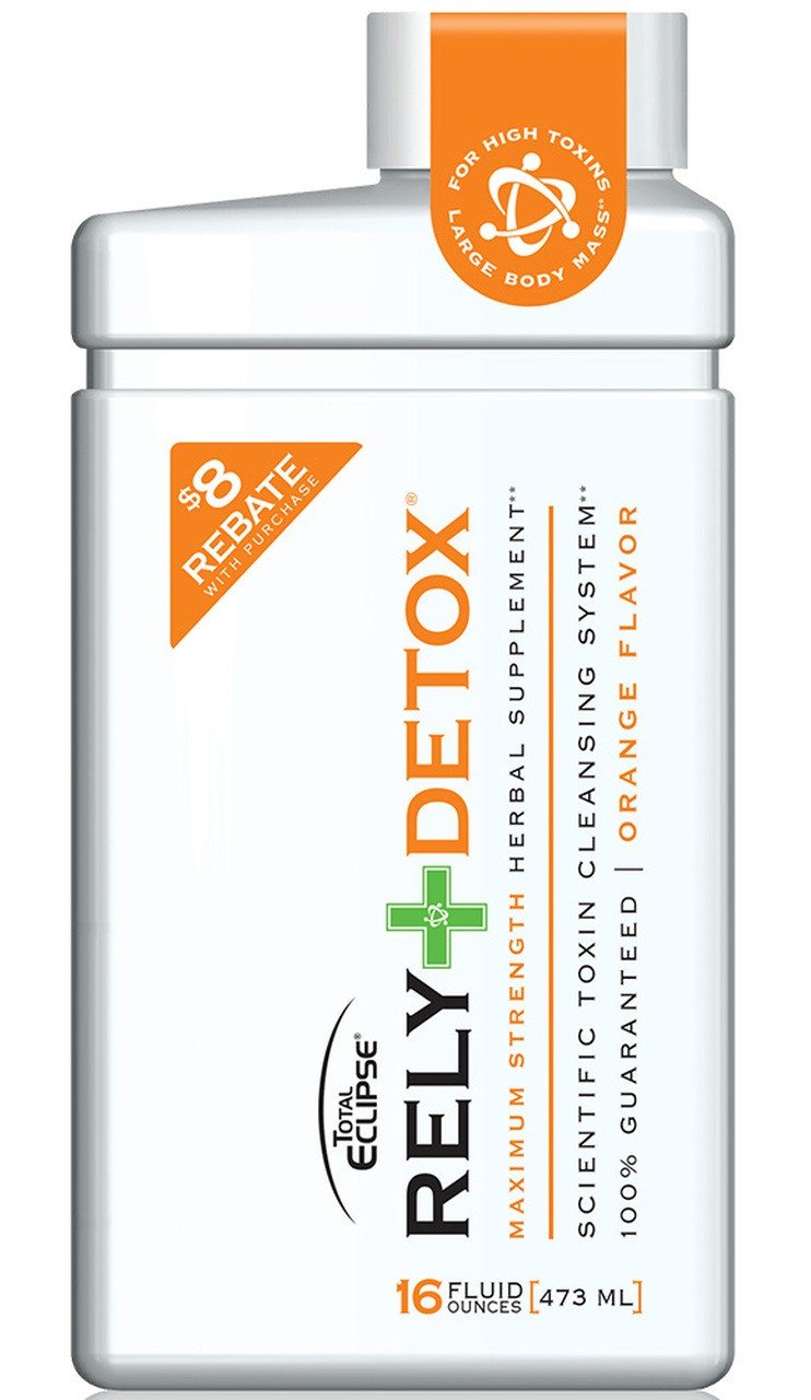front view of the total eclipse rely detox liquid. A large strength maximum strength herbal supplement made for removing toxins from your body.