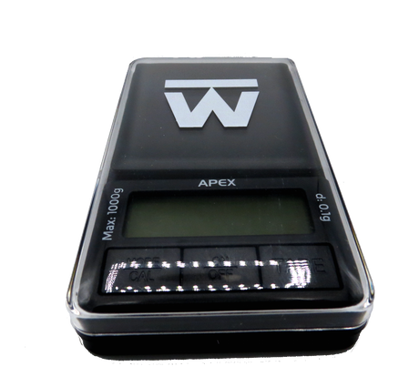 front view of the Truweigh Apex Digital Mini scale. An accurate and precise small scale for weighing herb quantities. 