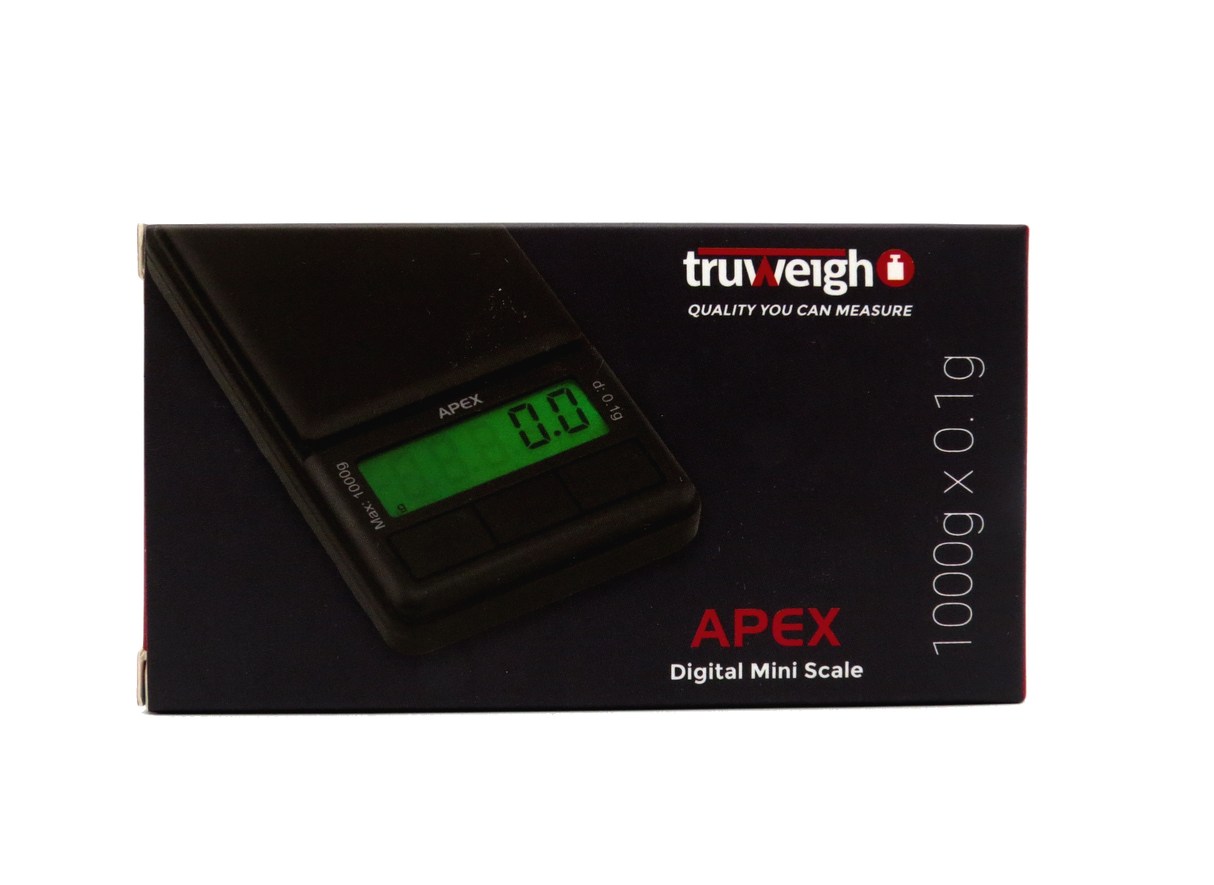front view of the Truweigh Apex Digital Mini scale package. An accurate and precise small scale for measuring herbs. 