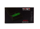 front view of the Truweigh Apex Digital Mini scale package. An accurate and precise small scale for measuring herbs. 
