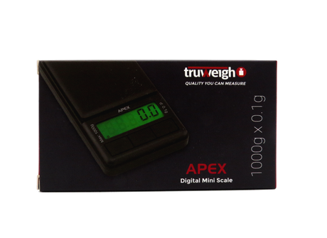 front view of the Truweigh Apex Digital Mini scale package. An accurate and precise small scale for measuring herbs. 