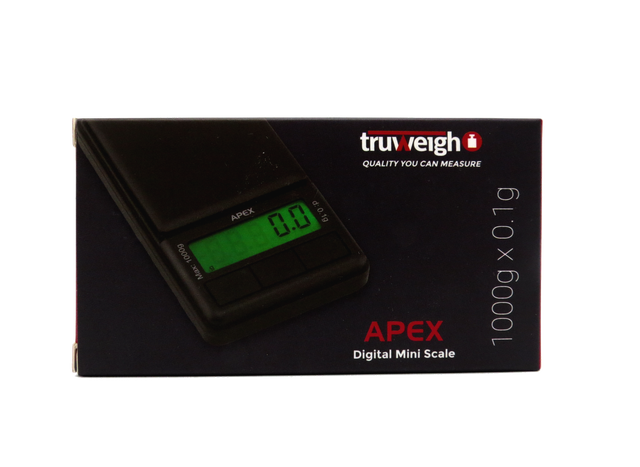 front view of the Truweigh Apex Digital Mini scale package. An accurate and precise small scale for measuring herbs. 