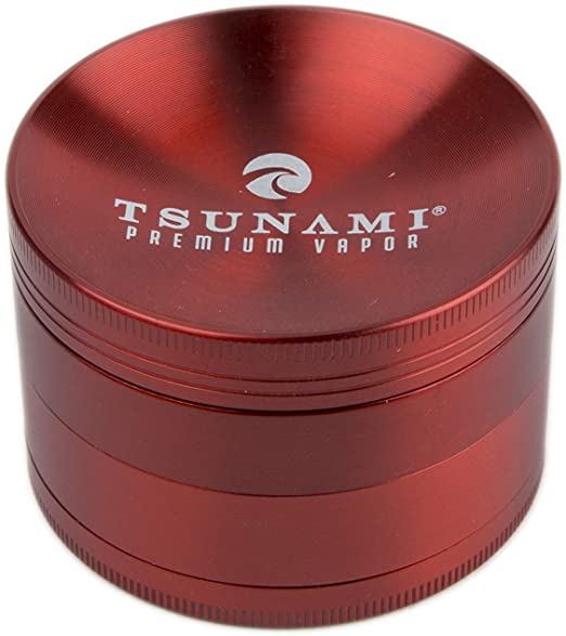 view of the Tsunami 63mm 63mm grinder in a bright ruby red. A product for a consumer who needs a centerpiece in their grinding experience.