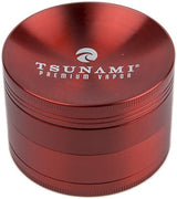 view of the Tsunami 63mm 63mm grinder in a bright ruby red. A product for a consumer who needs a centerpiece in their grinding experience.