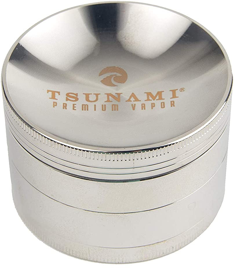 front view of theTsunami 63mm grinder in a polished silver. a Precise and high quality product with strong grinding teeth made out of air craft grade aluminum.