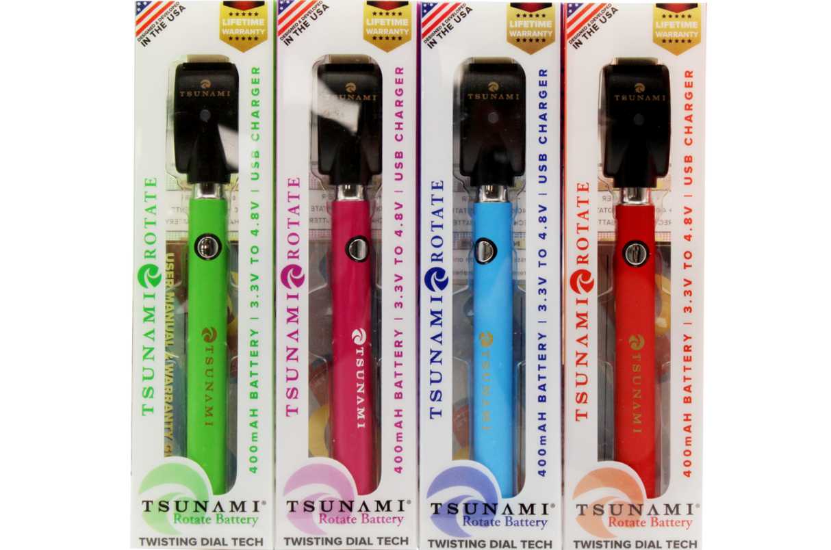 front view of the Tsunami rotate vaporizer in its boxes. A streamlined and efficient vaporizer that can be used for oils and concentrates.