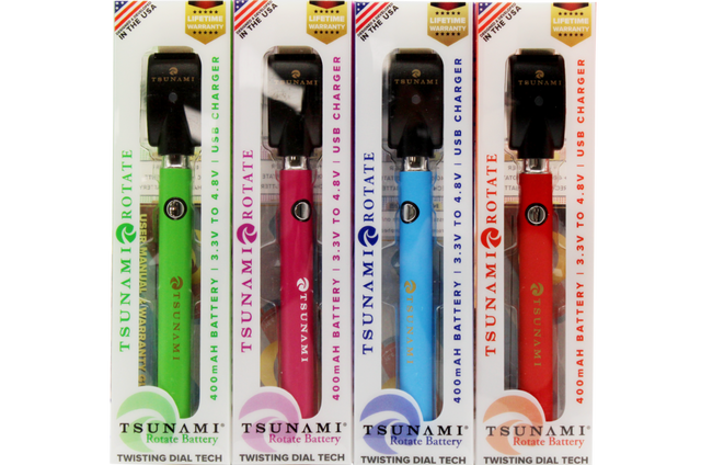 front view of the Tsunami rotate vaporizer in its boxes. A streamlined and efficient vaporizer that can be used for oils and concentrates.