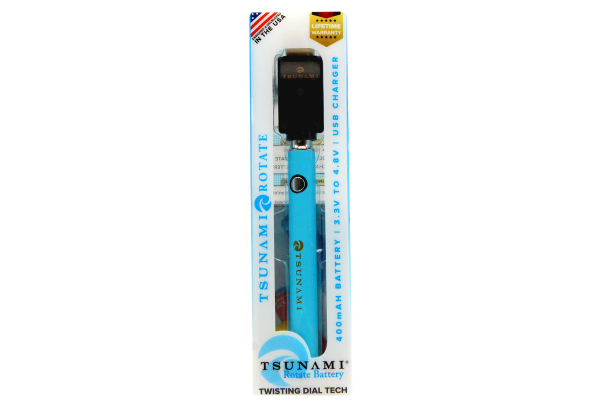 front view of the Tsunami rotate vaporizer in its boxes. A streamlined and efficient vaporizer that can be used for oils and concentrates. this one is in a light aqua finish.