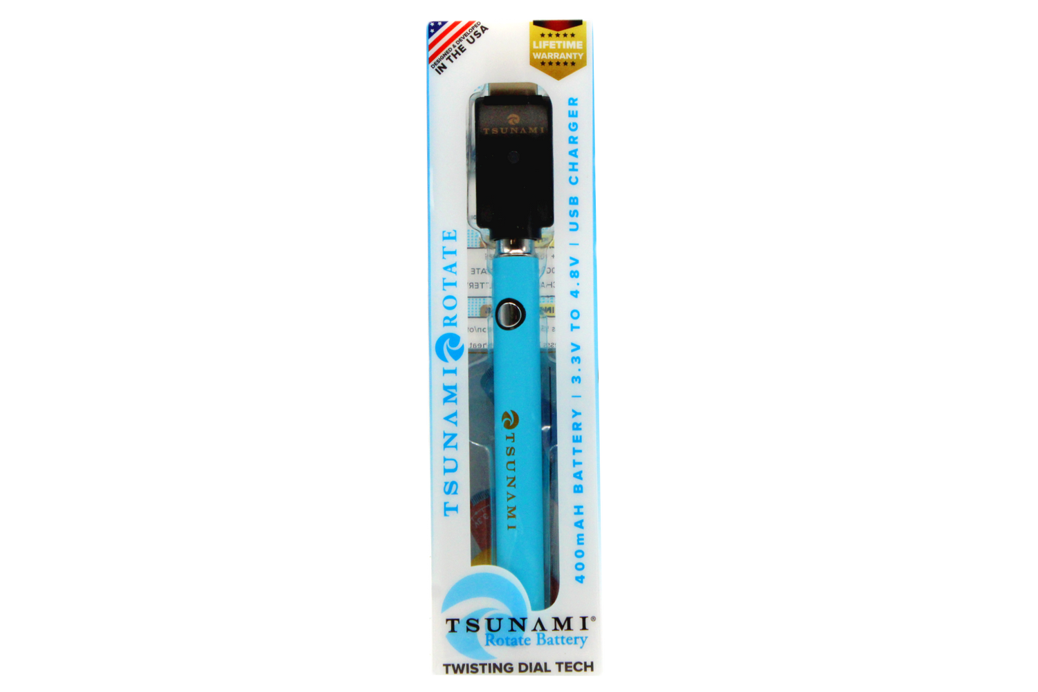 front view of the Tsunami rotate vaporizer in its boxes. A streamlined and efficient vaporizer that can be used for oils and concentrates. this one is in a light aqua finish.