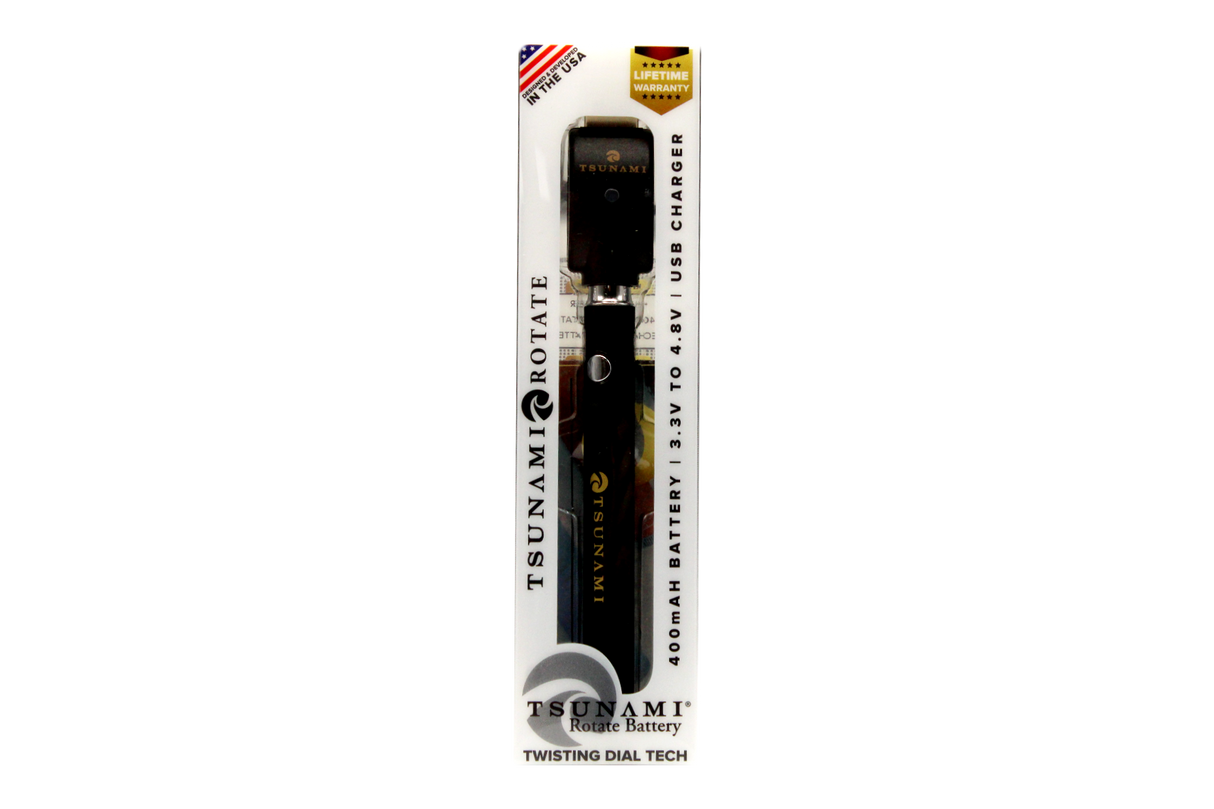 front view of the Tsunami rotate vaporizer in its boxes. A streamlined and efficient vaporizer that can be used for oils and concentrates. this one is in a sleek black finish.