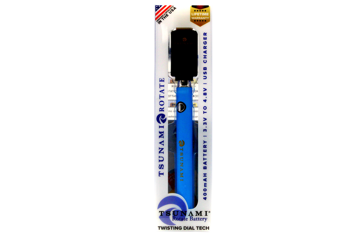 front view of the Tsunami rotate vaporizer in its boxes. A streamlined and efficient vaporizer that can be used for oils and concentrates. this one is in a blue finish.