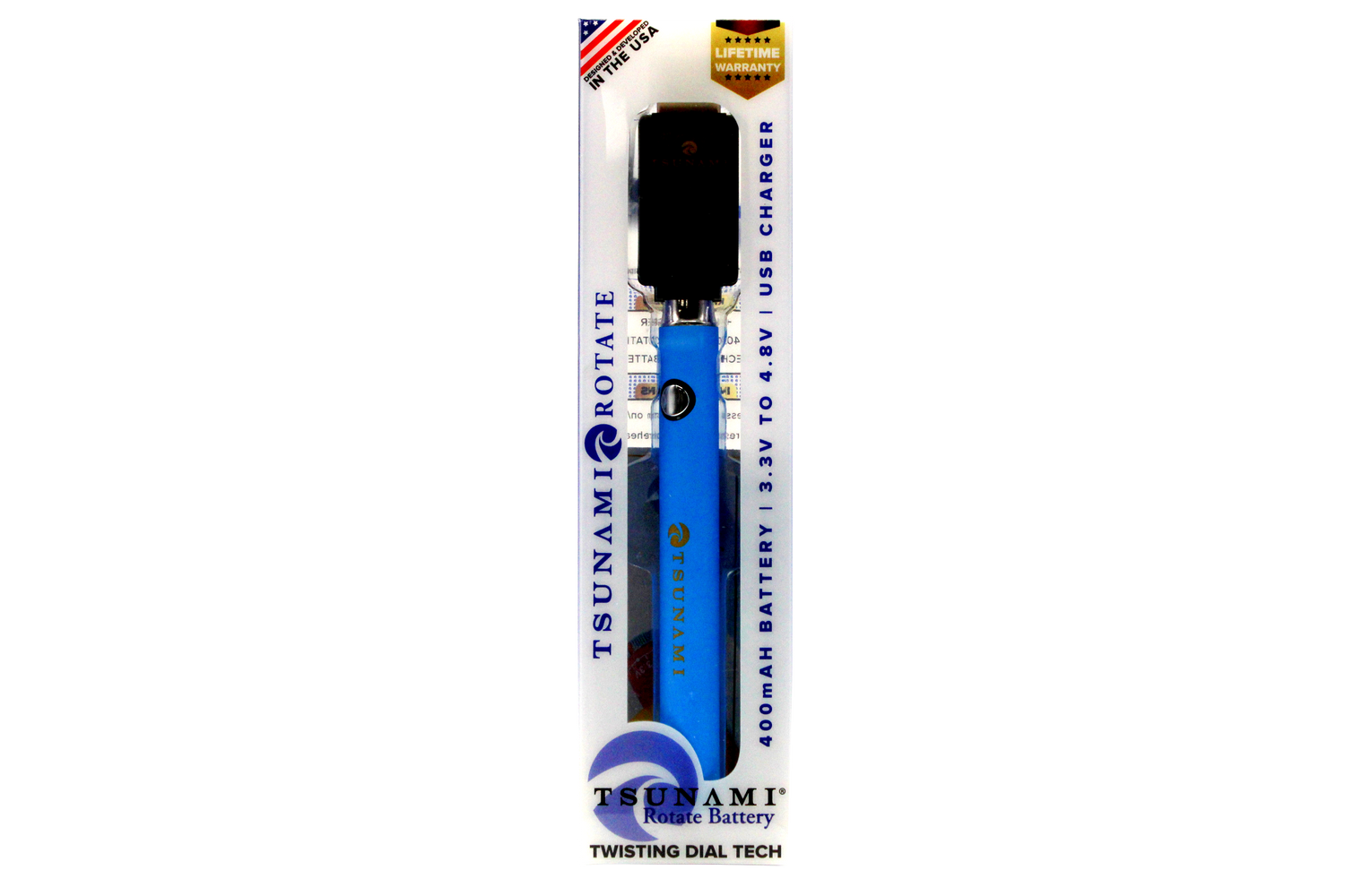 front view of the Tsunami rotate vaporizer in its boxes. A streamlined and efficient vaporizer that can be used for oils and concentrates. this one is in a blue finish.