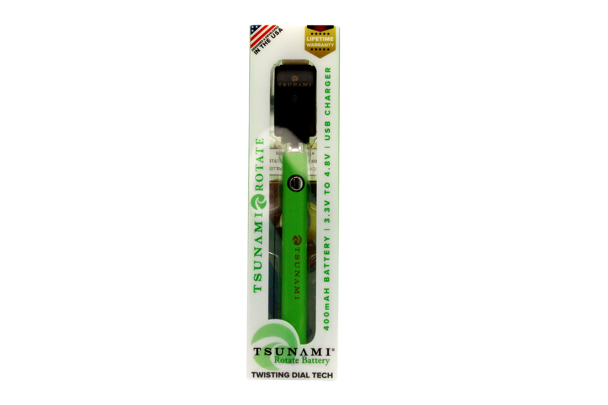 front view of the Tsunami rotate vaporizer in its boxes. A streamlined and efficient vaporizer that can be used for oils and concentrates. this one is in a apple green finish.