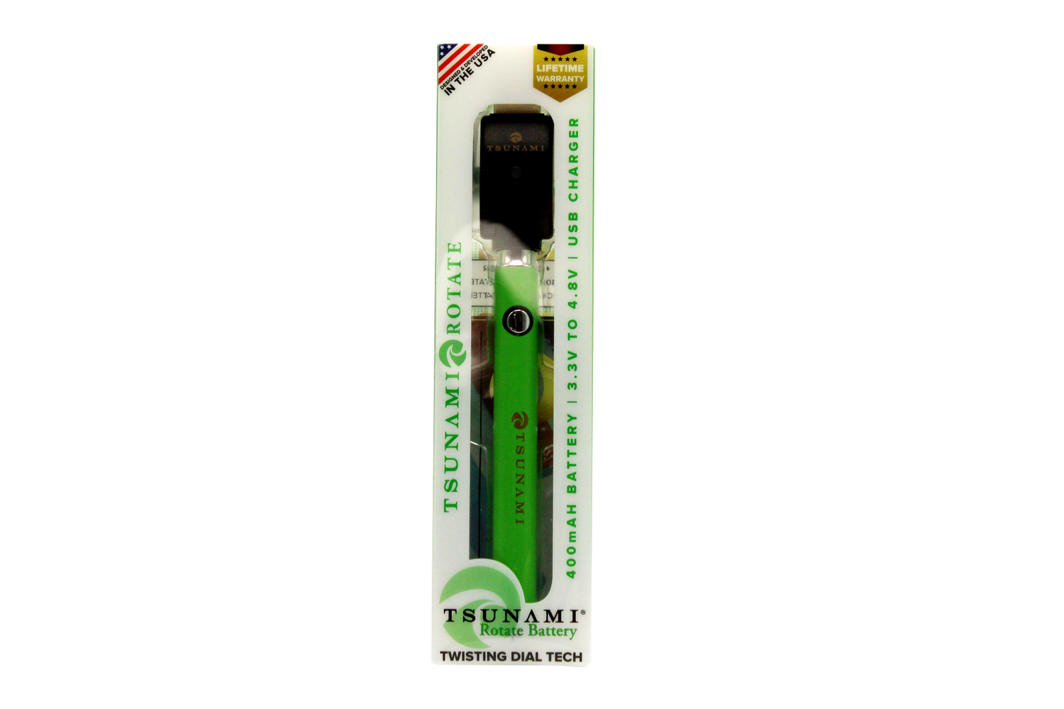 front view of the Tsunami rotate vaporizer in its boxes. A streamlined and efficient vaporizer that can be used for oils and concentrates. this one is in a apple green finish.