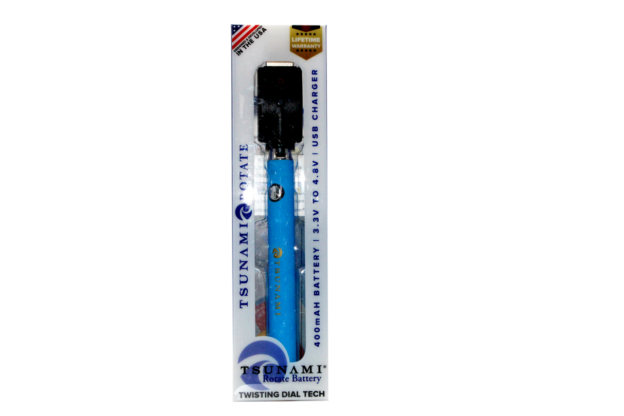 front view of the Tsunami rotate vaporizer in its boxes. A streamlined and efficient vaporizer that can be used for oils and concentrates. this one is in a light blue finish.